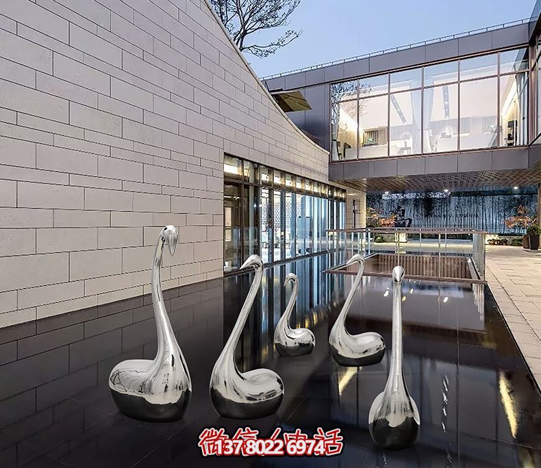 不銹鋼創(chuàng)意天鵝雕塑，鏡面水中裝飾別墅